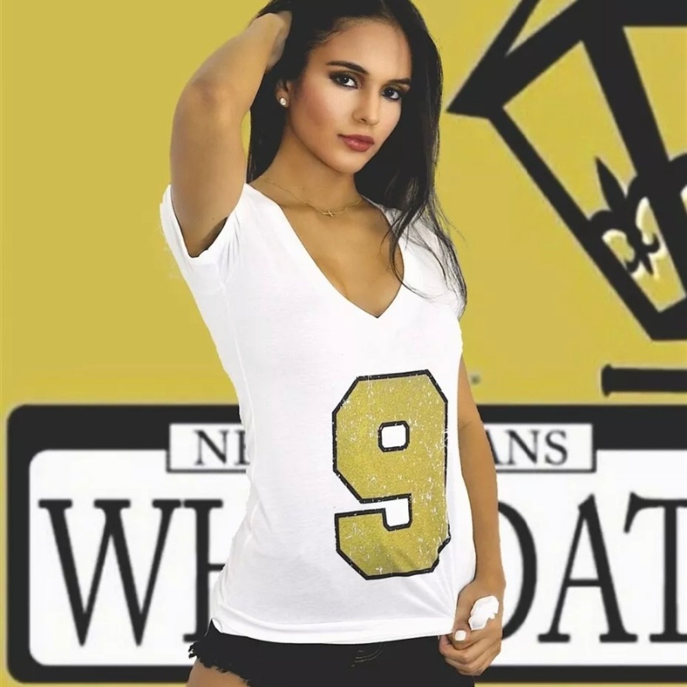 White Drew Brees 9 Gold Fitted V-Neck T-shirt top